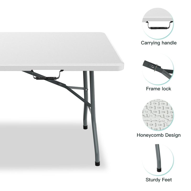 6ft Plastic Folding Table with Handle, Lock - White, for Camping, Party, and Picnic