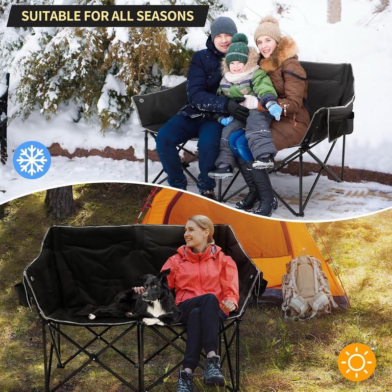 MOPHOTO Double Heated Camping Chair, 2-Person Folding Loveseat Portable Heated Chairs with 3 Heat Levels, Patio Lounge Chairs Folding Lawn Chair Outdoor Chair for Outdoor Sports Camping