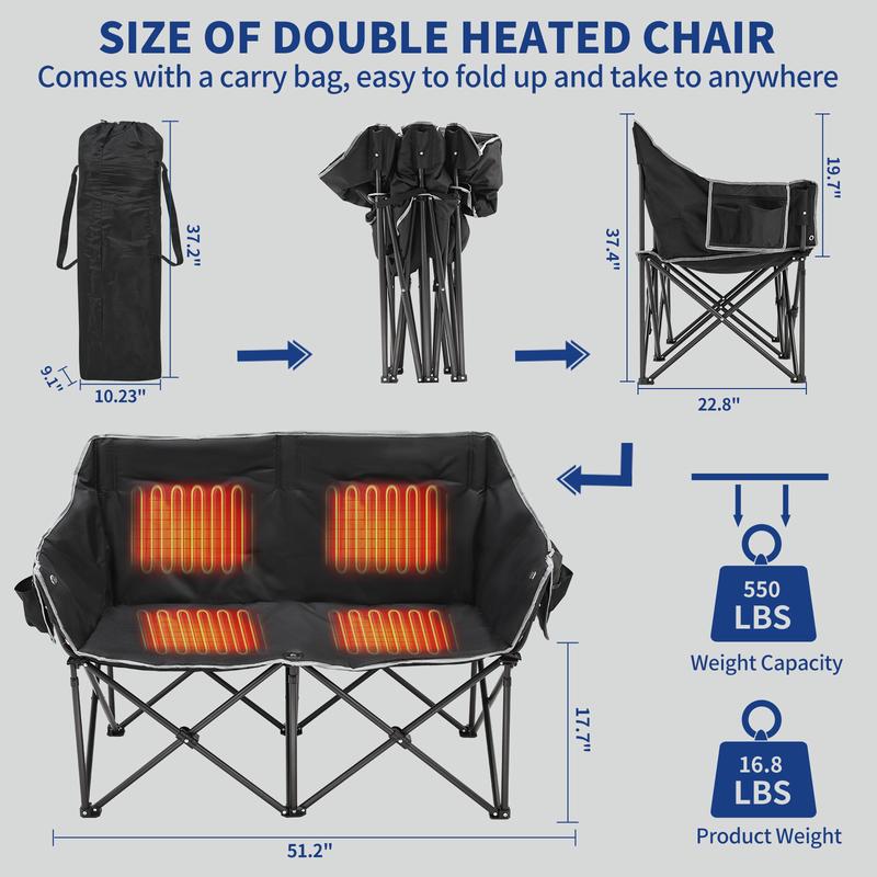 MOPHOTO Double Heated Camping Chair, 2-Person Folding Loveseat Portable Heated Chairs with 3 Heat Levels, Patio Lounge Chairs Folding Lawn Chair Outdoor Chair for Outdoor Sports Camping