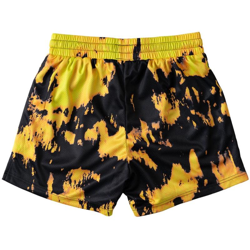 Kill Crew Muay Thai Shorts - Acid Wash - Yellow   Black, Unisex, Mid Thigh Cut, Pockets, Gym Shorts, Elastic Waistband, Long drawcord with wax tips