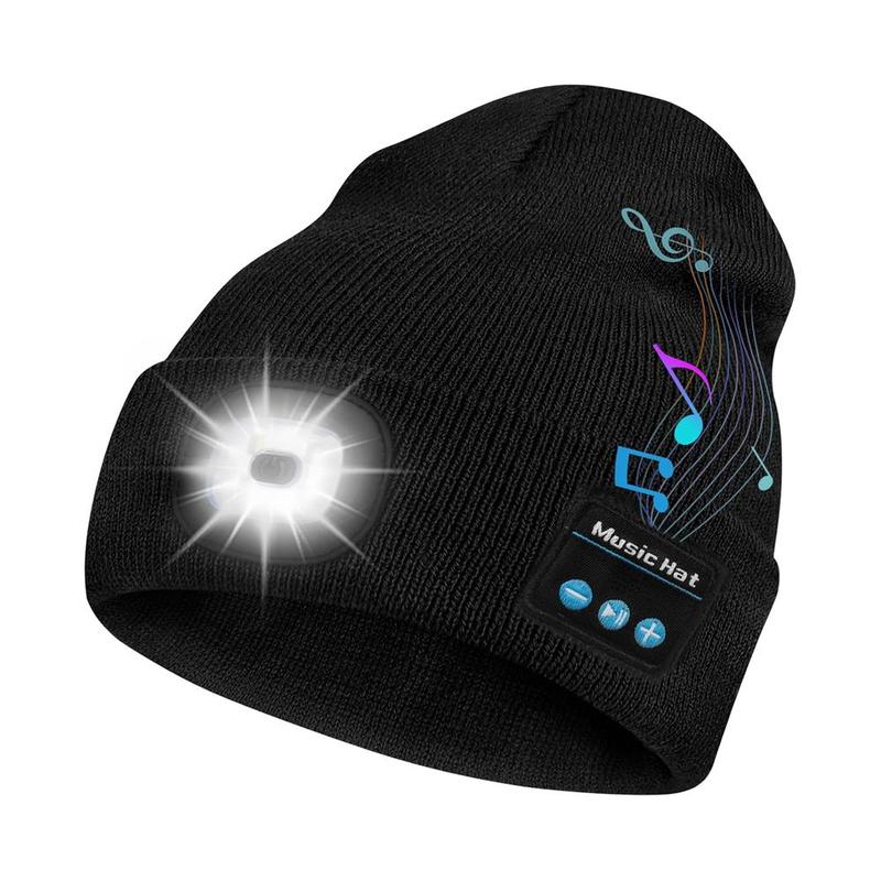 USB Rechargeable LED Headlamp Cycling Hat, Music Hat with Earphones & Built-in Speaker Microphone, Warm Headlamp Hat for Outdoor Running, Cycling