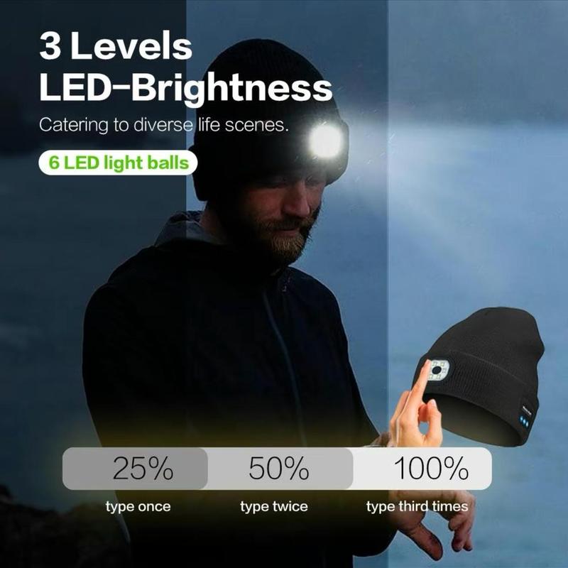 USB Rechargeable LED Headlamp Cycling Hat, Music Hat with Earphones & Built-in Speaker Microphone, Warm Headlamp Hat for Outdoor Running, Cycling