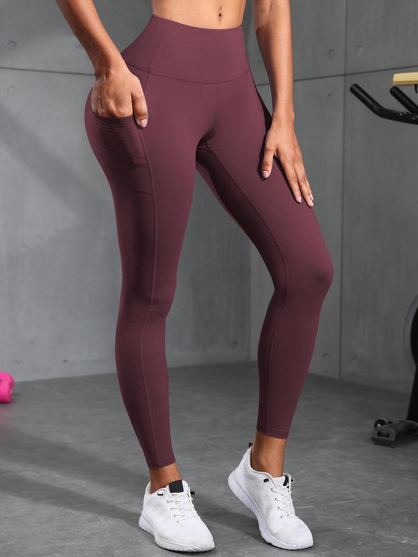 Women's Solid High Waist Pocket Sports Leggings, Casual Comfy Breathable Skinny Pants for Yoga Gym Workout Running, Ladies Sportswear for Fall & Winter