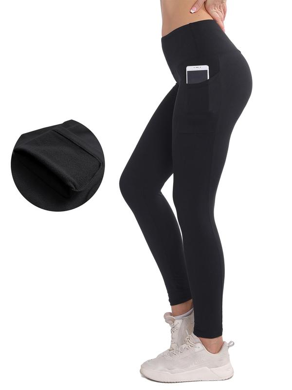 Women's Solid High Waist Pocket Thermal Lined Leggings, Casual Comfy Warm Skinny Pants for Yoga, Ladies Bottoms for Fall & Winter