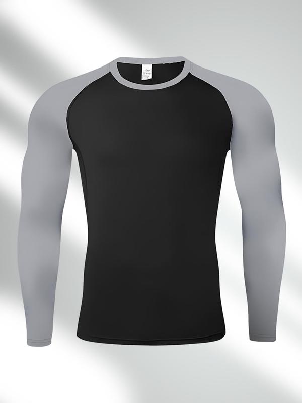 Men's Colorblock Round Neck Sports Tee, Long Sleeve Crew Neck T-Shirt, High Stretch Breathable Skin-friendly Tight-fitting Top for Running Gym Workout, Sport & Outdoor Clothing for Spring & Fall