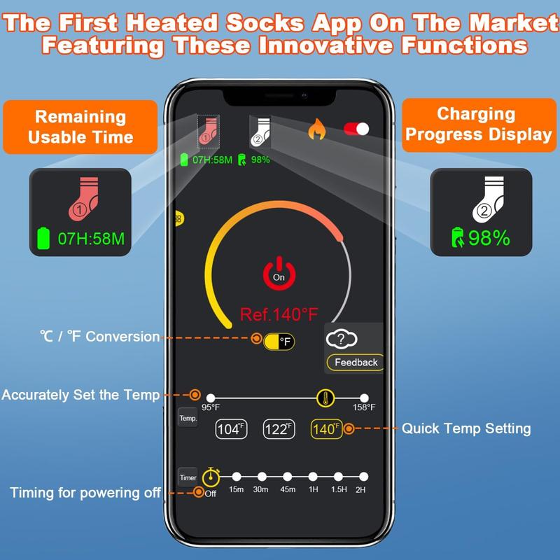 Rechargeable Heated Socks for Men Women with 12000mAh Batteries, App & Battery Control, Wahsable, for Skiing, Hunting, Camping, Cycling &  Ice Fishing