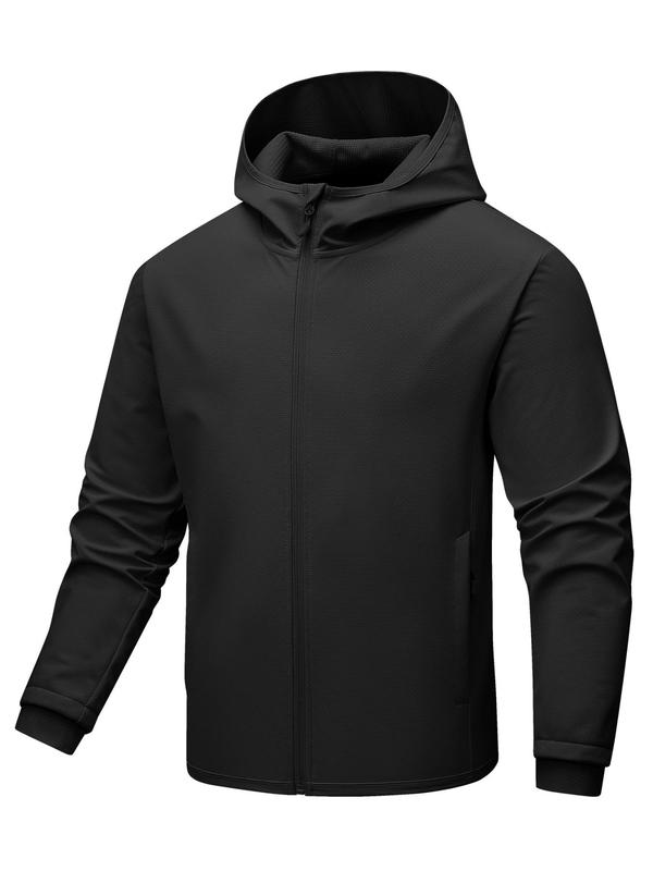 Men's Solid Pocket Zip Up Sports Coat, Regular Fit Casual Long Sleeve Windproof Waterproof Sports Outerwear for Outdoor Hiking Camping, Men's Sportswear for All Seasons