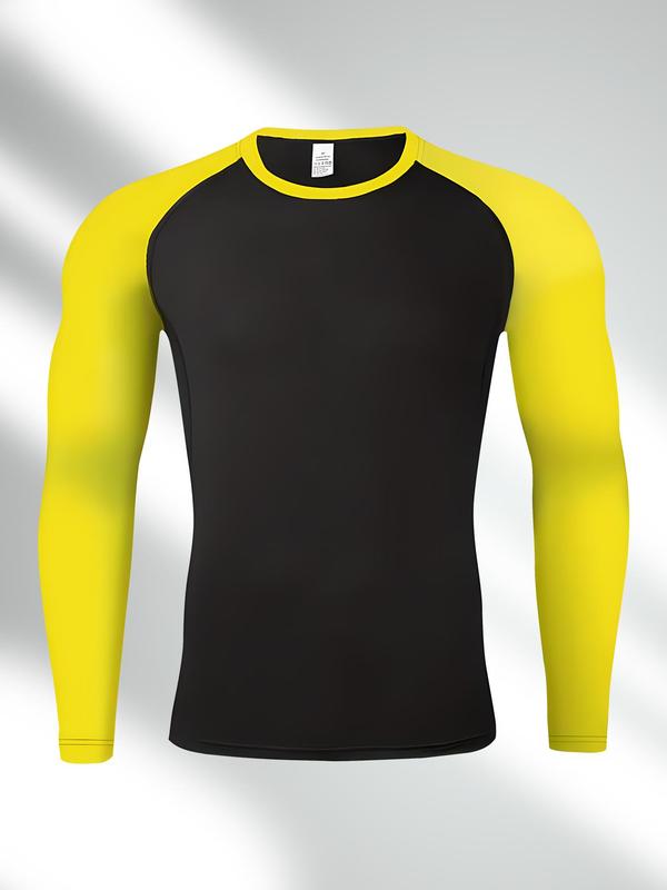 Men's Colorblock Round Neck Sports Tee, Long Sleeve Crew Neck T-Shirt, High Stretch Breathable Skin-friendly Tight-fitting Top for Running Gym Workout, Sport & Outdoor Clothing for Spring & Fall