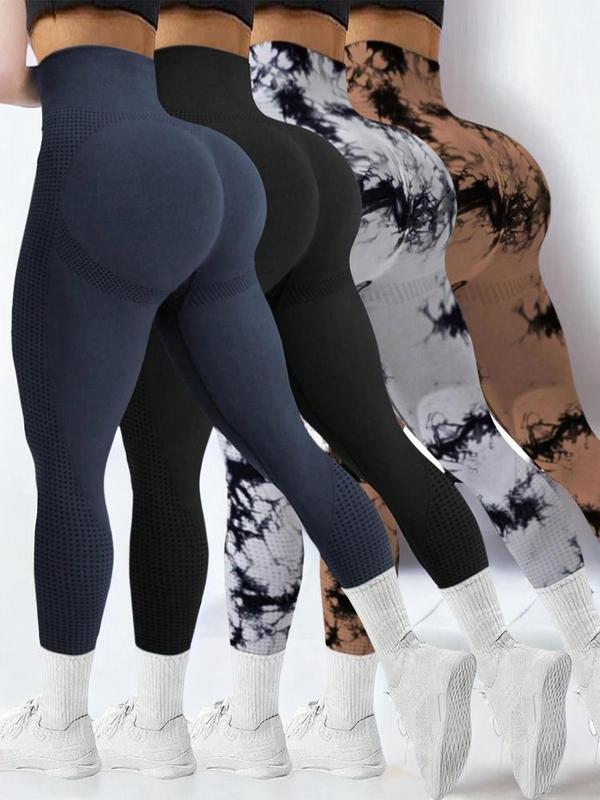 Women's 4pcs Solid & Tie Dye Print High Waist Sports Leggings, Sporty Casual Comfy Skinny Pants for Yoga Gym Workout, Ladies Sportswear Bottoms for All Seasons, Summer Outfits 2024