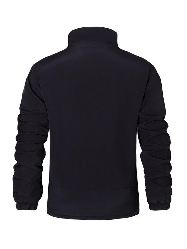 Men's Solid Zip Up Thermal Lined Sports Coat, Sporty Long Sleeve Collared Outerwear for Fall & Winter, Men's Sportswear for Outdoor Activities