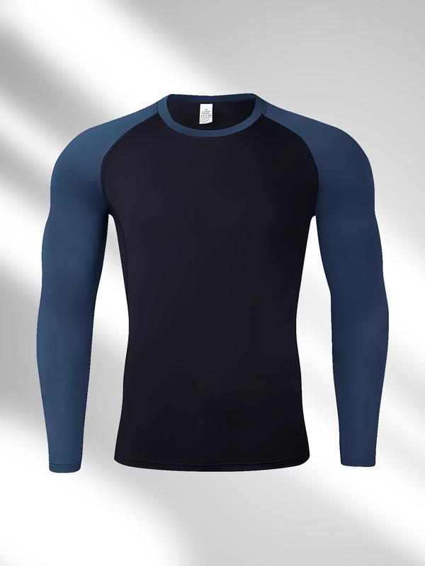 Men's Colorblock Round Neck Sports Tee, Long Sleeve Crew Neck T-Shirt, High Stretch Breathable Skin-friendly Tight-fitting Top for Running Gym Workout, Sport & Outdoor Clothing for Spring & Fall