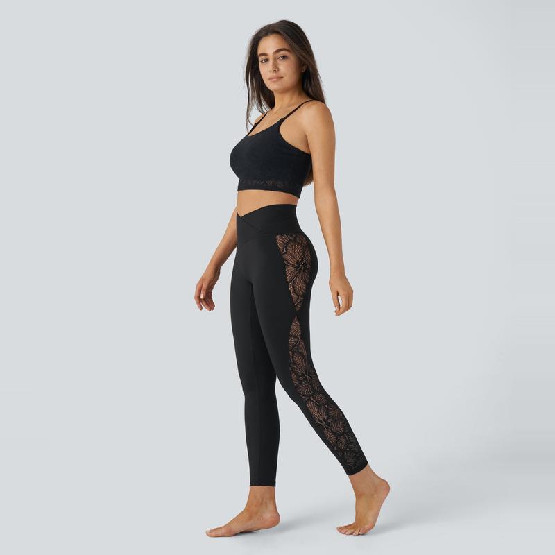 Halara Softlyzero™ High Waisted Crossover Contrast Lace Yoga 7 8 Leggings-UPF50+