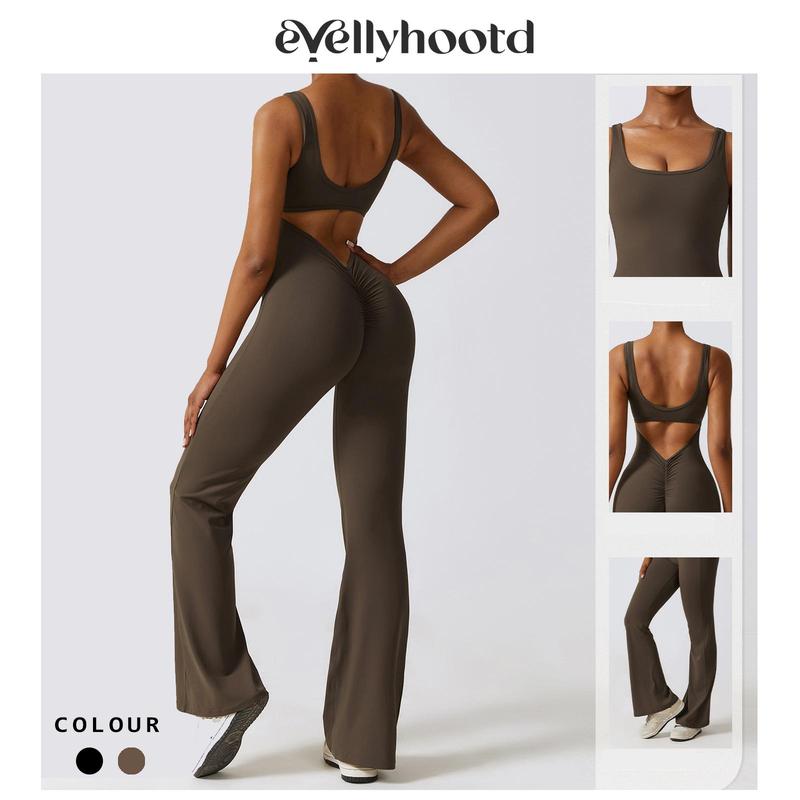 EVELLYHOOTD Women Sleeveless Flare Jumpsuits Sexy Backless Tank Tops Bodycon Scrunch Butt Yoga Rompers Seamless Playsuit