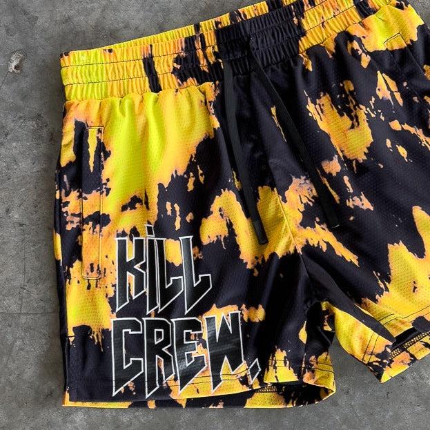 Kill Crew Muay Thai Shorts - Acid Wash - Yellow   Black, Unisex, Mid Thigh Cut, Pockets, Gym Shorts, Elastic Waistband, Long drawcord with wax tips