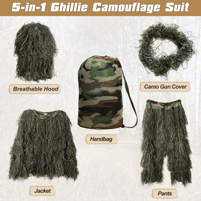 MOPHOTO 5 in 1 Ghillie Suit, 3D Camouflage Hunting Apparel Including Jacket, Pants, Hood, Carry Bag Suitable for Unisex Adults Youth (S M L) outdoor gear