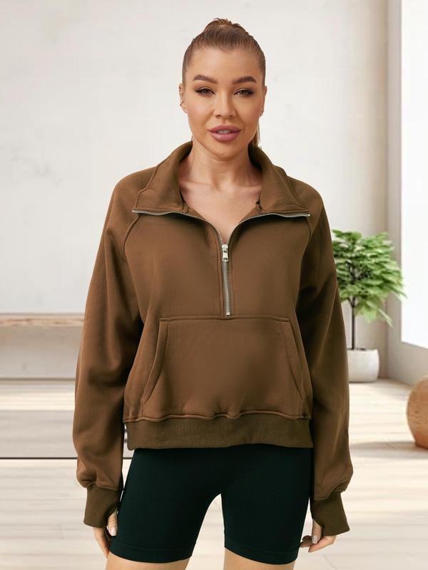 Women's Solid Zip Up Thermal Lined Sporty Sweatshirt, Gym Clothing, Sporty Long Sleeve Kangaroo Pocket Pullover for Fall & Winter, Women's Sportswear for Indoor Outdoor Wear