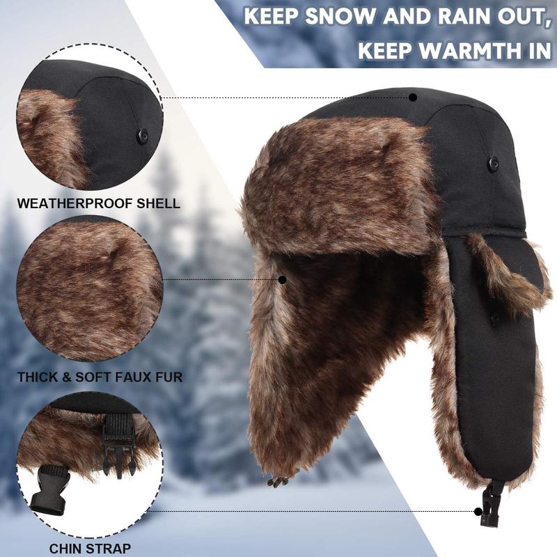 Men Women Trapper Hat Warm Faux Fur Winter Hat with Ear Flaps Windproof Waterproof Snow Ski Hats for Cold Weather