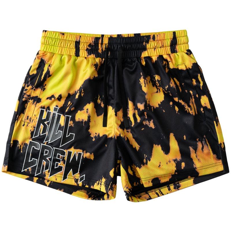 Kill Crew Muay Thai Shorts - Acid Wash - Yellow   Black, Unisex, Mid Thigh Cut, Pockets, Gym Shorts, Elastic Waistband, Long drawcord with wax tips