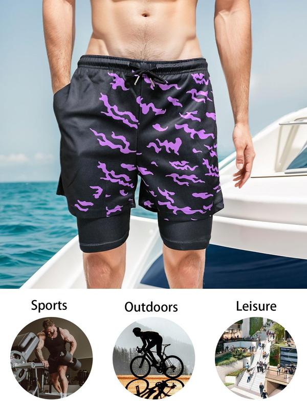 Men's Regular Fit 2 in 1 Colorblock Drawstring Waist Shorts, Casual Pocket Track Shorts for Summer, Men's Bottoms for Gym Workout Running