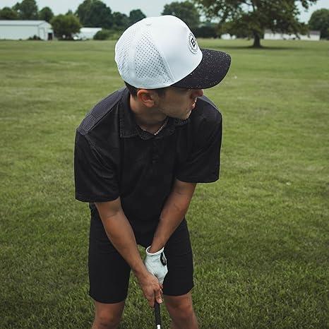 BRIMZ Golf Performance Hat - Breathable Sweat & Water Resistant Golfing Snapback Cap with Tee Holder & Magnetic Ball Marker (White Black - Brimz) adjustable baseball