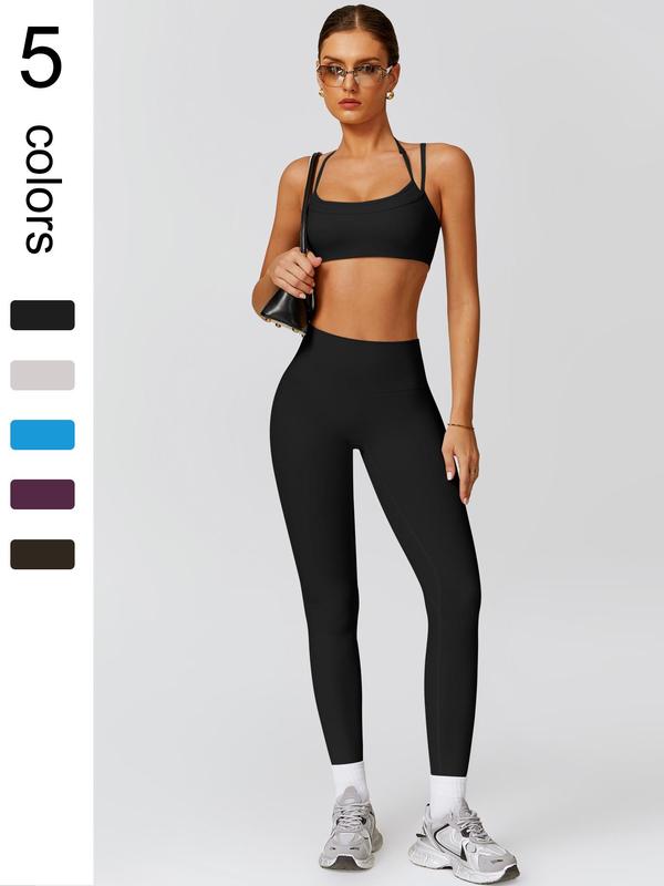 Women's Solid Backless Crop Sports Bra & High Waist Leggings Two-piece Set, Sporty Casual Breathable Comfortable Double Shoulder Straps Two Piece Outfits for Yoga Gym Workout Running, Ladies Sportswear for All Seasons