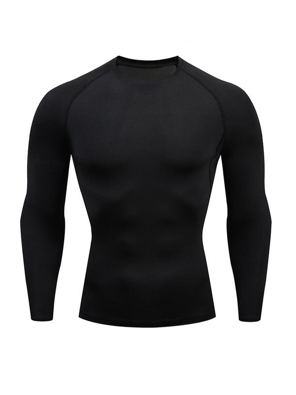 Sporty Men's Solid Color Round Neck Top-Stitching Sports Tee, Quick Drying Breathable Long Sleeve T-Shirt for Gym Workout Running, Men's Sportswear for All Seasons, Fall Outfits, Fallfreshness Clothes