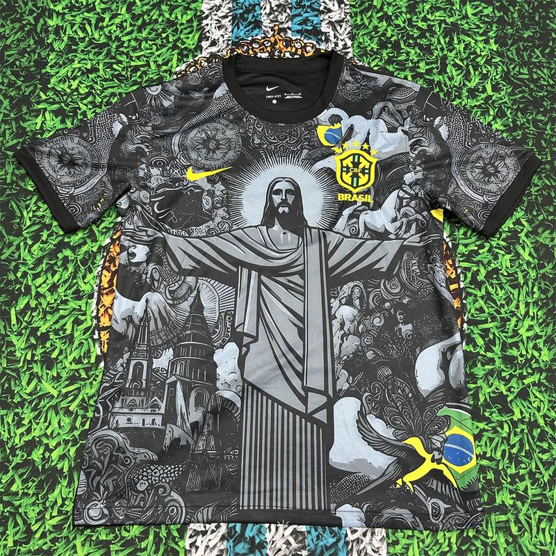 Nike 2425 Brazil Black Short Sleeve Special Edition Redeemer Five Star Soccer Jersey