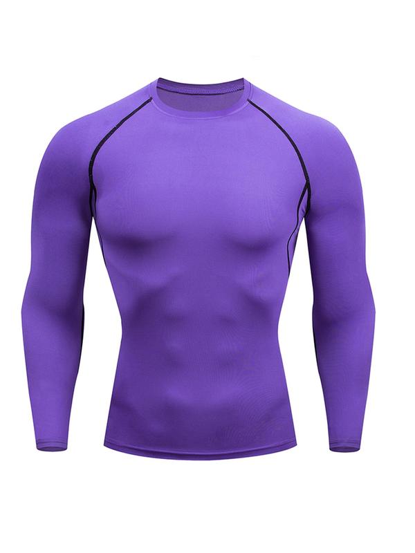 Sporty Men's Solid Color Round Neck Top-Stitching Sports Tee, Quick Drying Breathable Long Sleeve T-Shirt for Gym Workout Running, Men's Sportswear for All Seasons, Fall Outfits, Fallfreshness Clothes