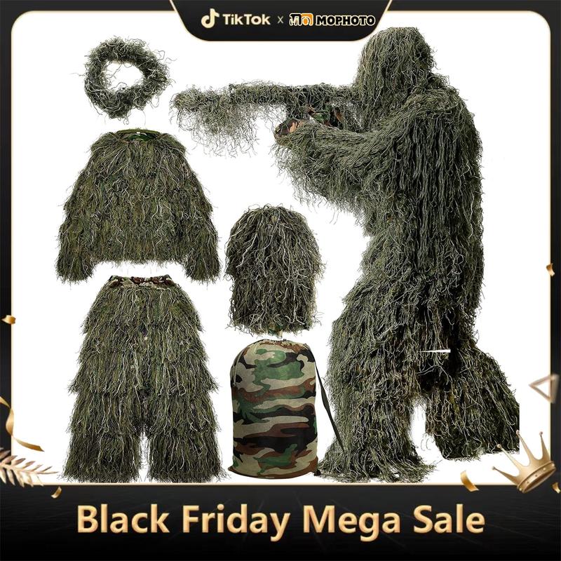 MOPHOTO 5 in 1 Ghillie Suit, 3D Camouflage Hunting Apparel Including Jacket, Pants, Hood, Carry Bag Suitable for Unisex Adults Youth (S M L) outdoor gear