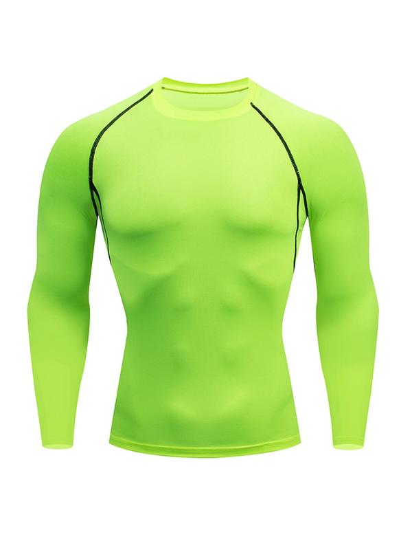 Sporty Men's Solid Color Round Neck Top-Stitching Sports Tee, Quick Drying Breathable Long Sleeve T-Shirt for Gym Workout Running, Men's Sportswear for All Seasons, Fall Outfits, Fallfreshness Clothes