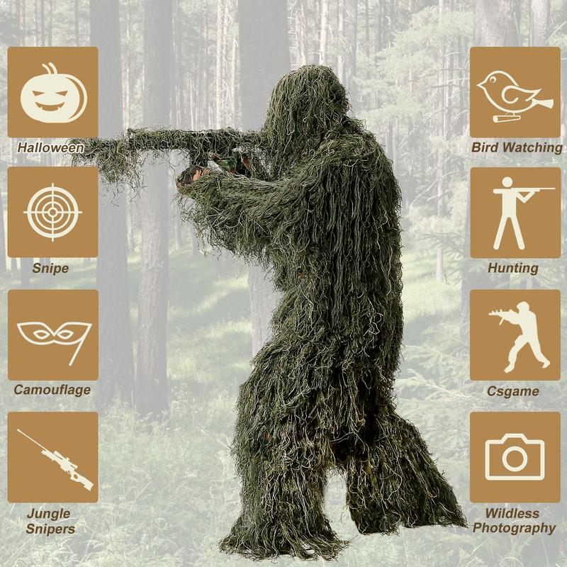 MOPHOTO 5 in 1 Ghillie Suit, 3D Camouflage Hunting Apparel Including Jacket, Pants, Hood, Carry Bag Suitable for Unisex Adults Youth (S M L) outdoor gear