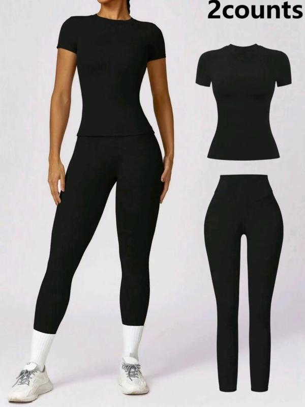 Women's Solid Round Neck Tee & High Waist Leggings Tracksuit Set, Casual Sporty Short Sleeve T-shirt & Skinny Pants for Yoga Gym Workout, Ladies' Tracksuits for All Seasons, Gym Clothes, 2 Piece Sets Women