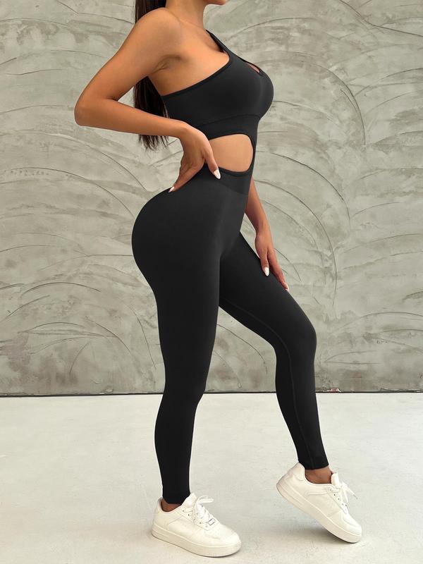 Women's Solid Cut Out Padded Sports Jumpsuit, One Shoulder Sleeveless Bodycon Jumpsuit for Yoga Gym Workout,  Bodysuits for Women,  Ladies Sportswear for All Seasons Sweatpants