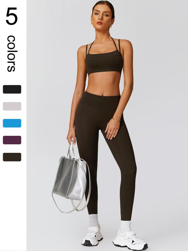 Women's Solid Backless Crop Sports Bra & High Waist Leggings Two-piece Set, Sporty Casual Breathable Comfortable Double Shoulder Straps Two Piece Outfits for Yoga Gym Workout Running, Ladies Sportswear for All Seasons