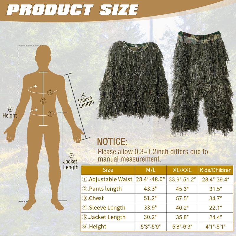 MOPHOTO 5 in 1 Ghillie Suit, 3D Camouflage Hunting Apparel Including Jacket, Pants, Hood, Carry Bag Suitable for Unisex Adults Youth (S M L) outdoor gear