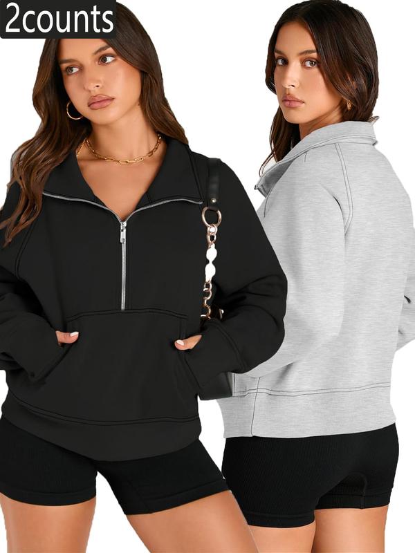 Women's Solid Zip Up Thermal Lined Sporty Sweatshirt, Gym Clothing, Sporty Long Sleeve Kangaroo Pocket Pullover for Fall & Winter, Women's Sportswear for Indoor Outdoor Wear