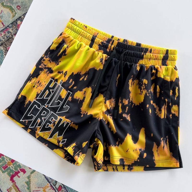 Kill Crew Muay Thai Shorts - Acid Wash - Yellow   Black, Unisex, Mid Thigh Cut, Pockets, Gym Shorts, Elastic Waistband, Long drawcord with wax tips