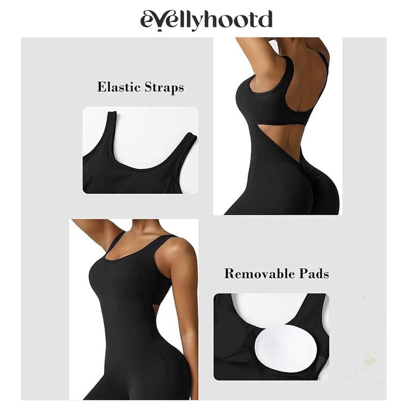 EVELLYHOOTD Women Sleeveless Flare Jumpsuits Sexy Backless Tank Tops Bodycon Scrunch Butt Yoga Rompers Seamless Playsuit