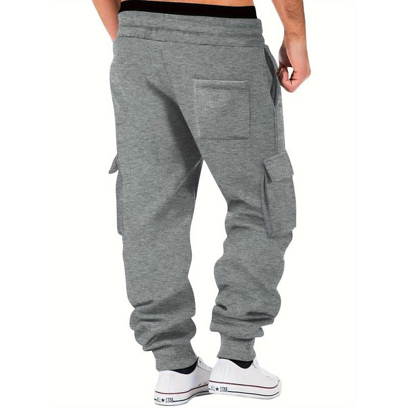 Mens' Comfy Stretch Cargo Joggers - Soft Cotton Blend, Multiple Pockets, Drawstring Waist, Regular Fit, Perfect for Teens, Fall Winter Outdoor Activities, Casual Solid Color Knit Fabric Sweatpants