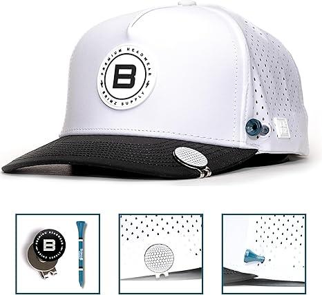 BRIMZ Golf Performance Hat - Breathable Sweat & Water Resistant Golfing Snapback Cap with Tee Holder & Magnetic Ball Marker (White Black - Brimz) adjustable baseball