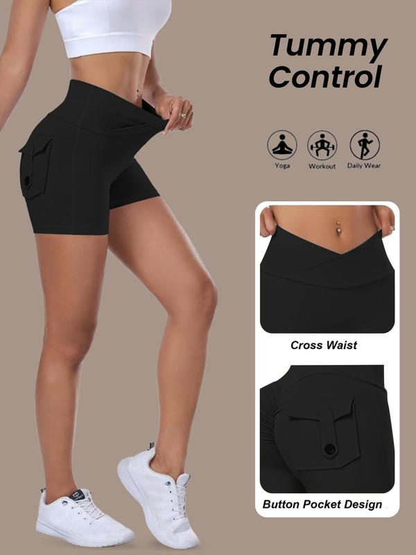 Sporty Women's Solid Color Ruched Flap Pocket High Waist Gym Shorts, Comfy Breathable Overlap Waist Skinny Shorts for Yoga Gym Workout Running, Ladies Sportswear for Summer