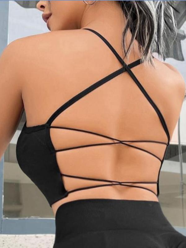 Women's Solid Backless Criss Cross Sports Bra, Fall Outfits, Fallfreshness Back To School Clothes, Breathable Wireless Sports Lingerie Top for Tennis Pickleball Yoga Exercise, Cute Gym Clothes, Sports Bra for Women, Sport Underwear