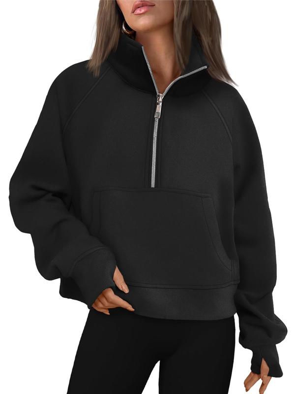 Women's Solid Zip Up Thermal Lined Sporty Sweatshirt, Gym Clothing, Sporty Long Sleeve Kangaroo Pocket Pullover for Fall & Winter, Women's Sportswear for Indoor Outdoor Wear