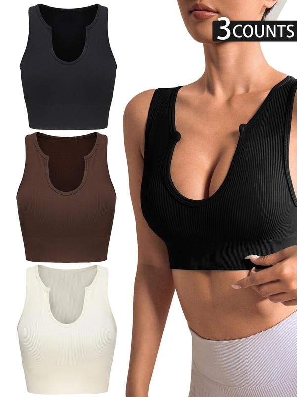 Women's Solid Notched Neck Sports Vest, Breathable Comfortable High Stretch Sports Tank Top for Yoga Gym Workout, Ladies Sportswear for All Seasons