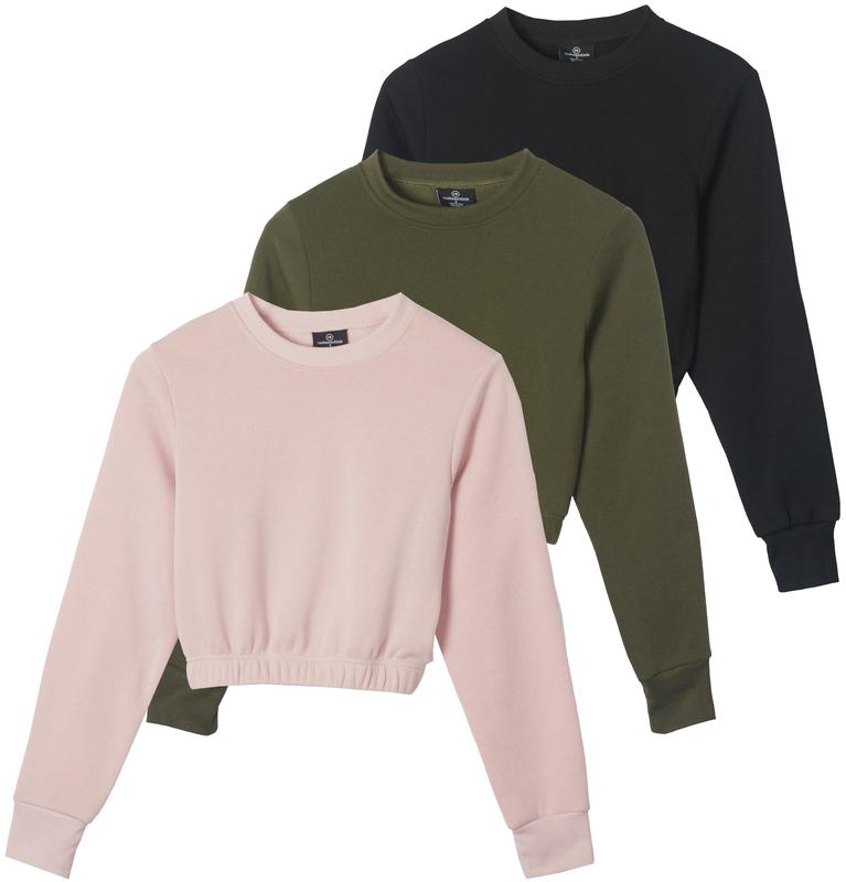 Real Essentials 3 Pack: Women's Fleece Cropped Sweatshirt - Long Sleeve Crew Neck Crop Top (Available in Plus Size)