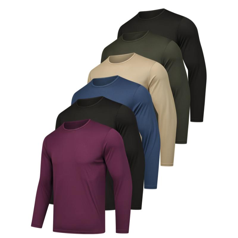 6pcs Premium Men's Quick-Dry Long Sleeve Athletic T-Shirts - Ultra-Lightweight, Stretchy Crew Neck for Maximum Comfort - Ideal for Running, Hiking, Casual Wear, and Outdoor Activities - Machine Washable, Solid Colors, Breathable, Moisture-W