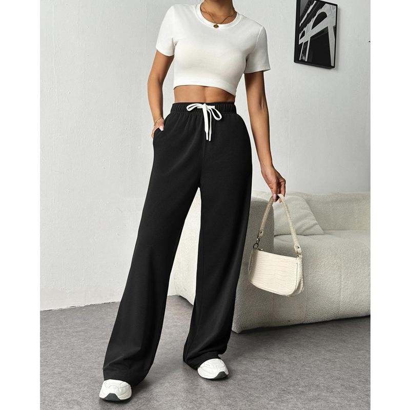 Womens Wide Leg Sweat Pants Pockets Baggy Sweatpants Drawstring Workout Pants