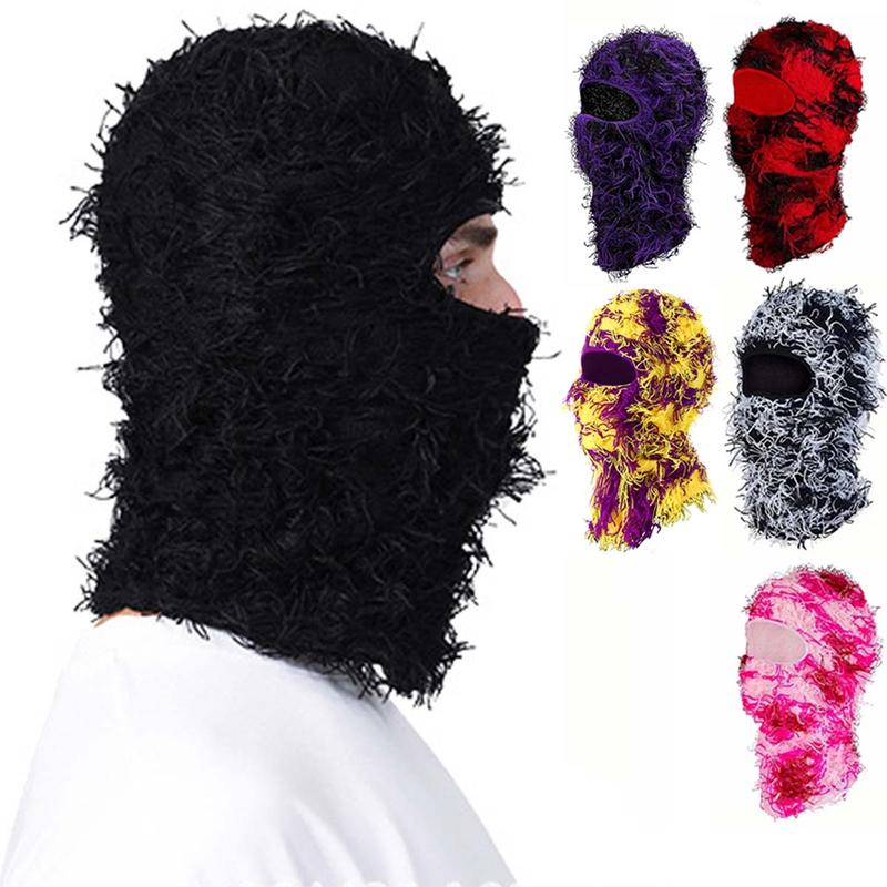 Distressed Balaclava Mask, Full Face Cover Windproof Thermal Balaclava Ski Mask Trend Knitted Camouflage Headgear Unisex Knit Hat Face Mask For Women Men Ultra-Soft Fluffy Balaclava Mask - Windproof Full Face Cover for Sports