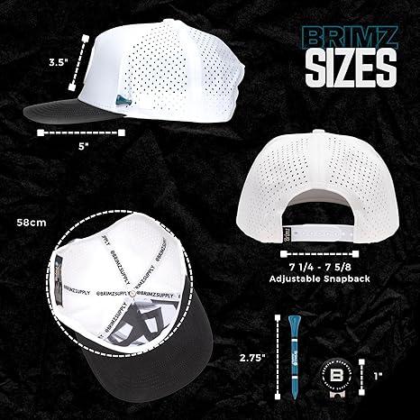 BRIMZ Golf Performance Hat - Breathable Sweat & Water Resistant Golfing Snapback Cap with Tee Holder & Magnetic Ball Marker (White Black - Brimz) adjustable baseball