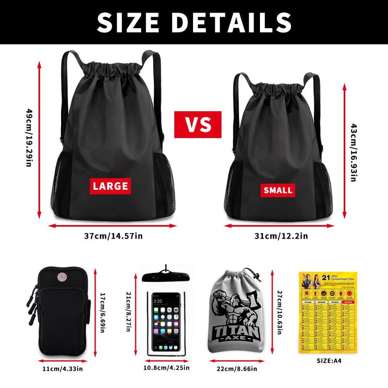 Large Capacity Sports Storage Bag Set, 1 Set 5 in 1 Waterproof Backpack & Phone Arm Bag & Phone Waterproof Bag & Drawstring Storage Bag & Fitness Plan